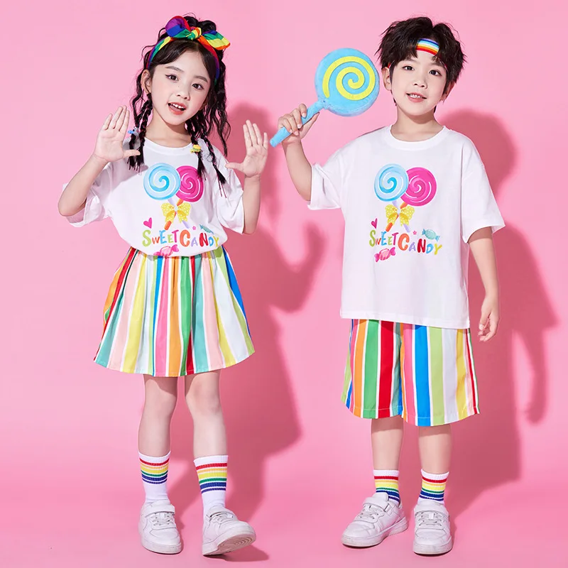 Kids Hip Hop Ballroom Dancing Costumes 4 Girls Boys Lollipop White T Shirt Color Shorts Skirt Jazz Dance Clothes Stage Outfits