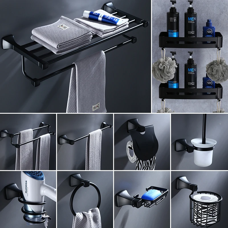 Luxury Bathroom Hardware 14-piece Set Bathroom Sets Black Towel Rack Towel Ring Toothbrush Holder Tissue Box Shower Accessories