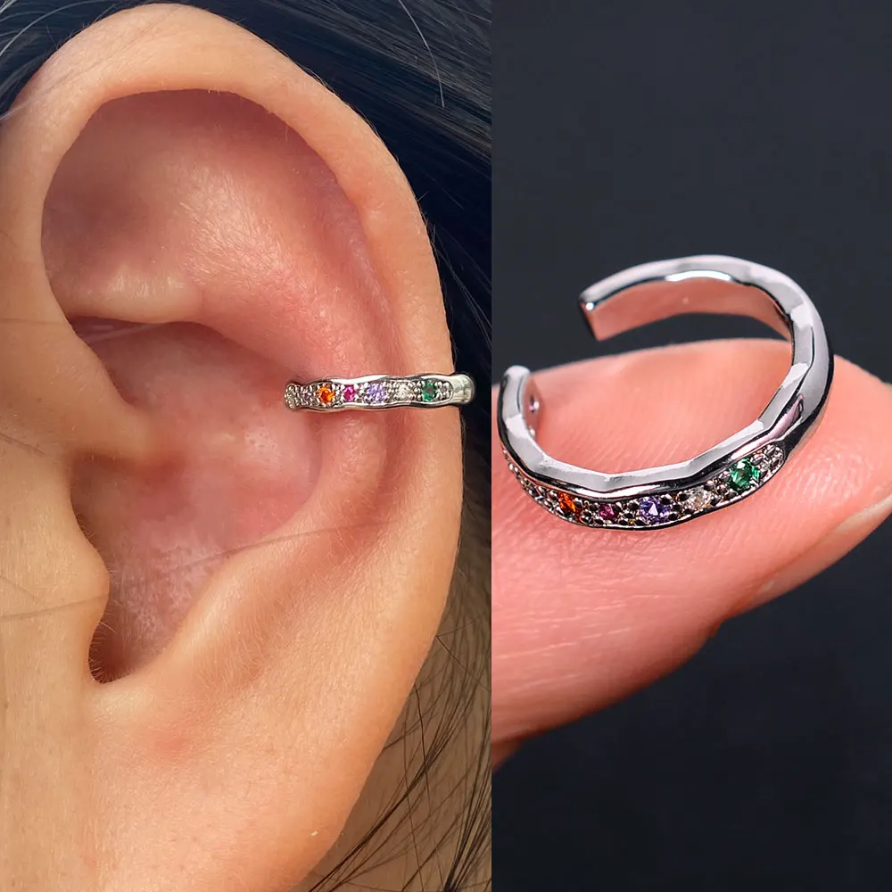 Ear clip earrings 1Piece geometry rainbow CZ cuff wrap clip on earrings women girls climber ear cartilage bone clips fake earring non piercing