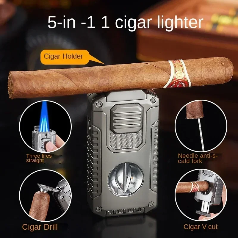 2024 Multifunctional Three-jet Flame Direct Injection Cigar Lighter with Built-in V-shaped Cigar Cutter Portable Five-in-one 2