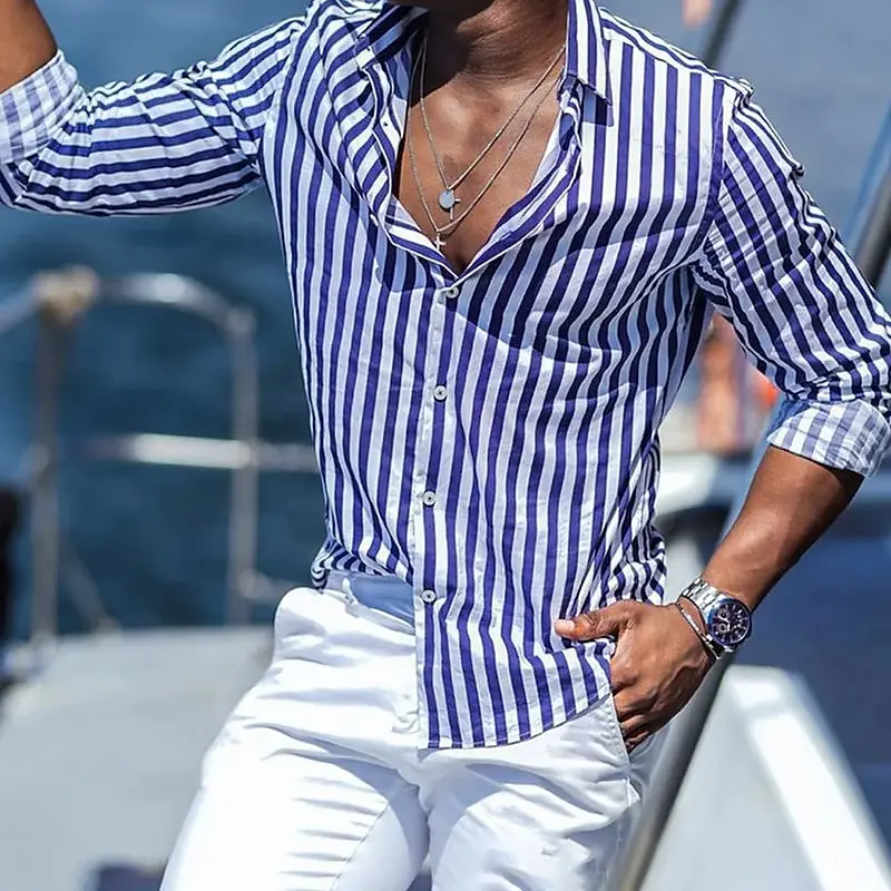 Men's Shirt Summer Afternoon Shirt Long Sleeve Striped Lapel Shirt Comfortable Soft Everyday Resort Shirt