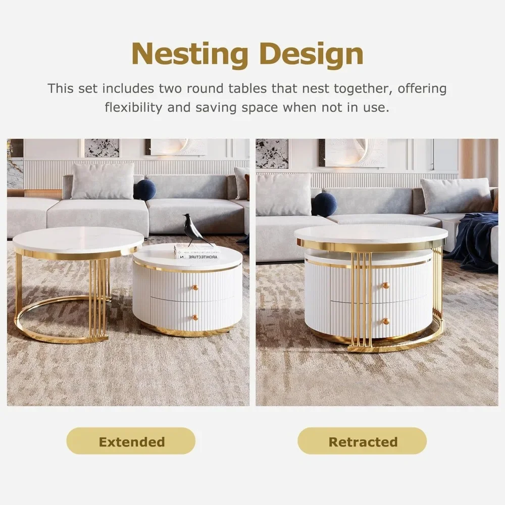Modern 27.6-inch nested coffee table 2-piece set, circular coffee table with 2 drawers 3