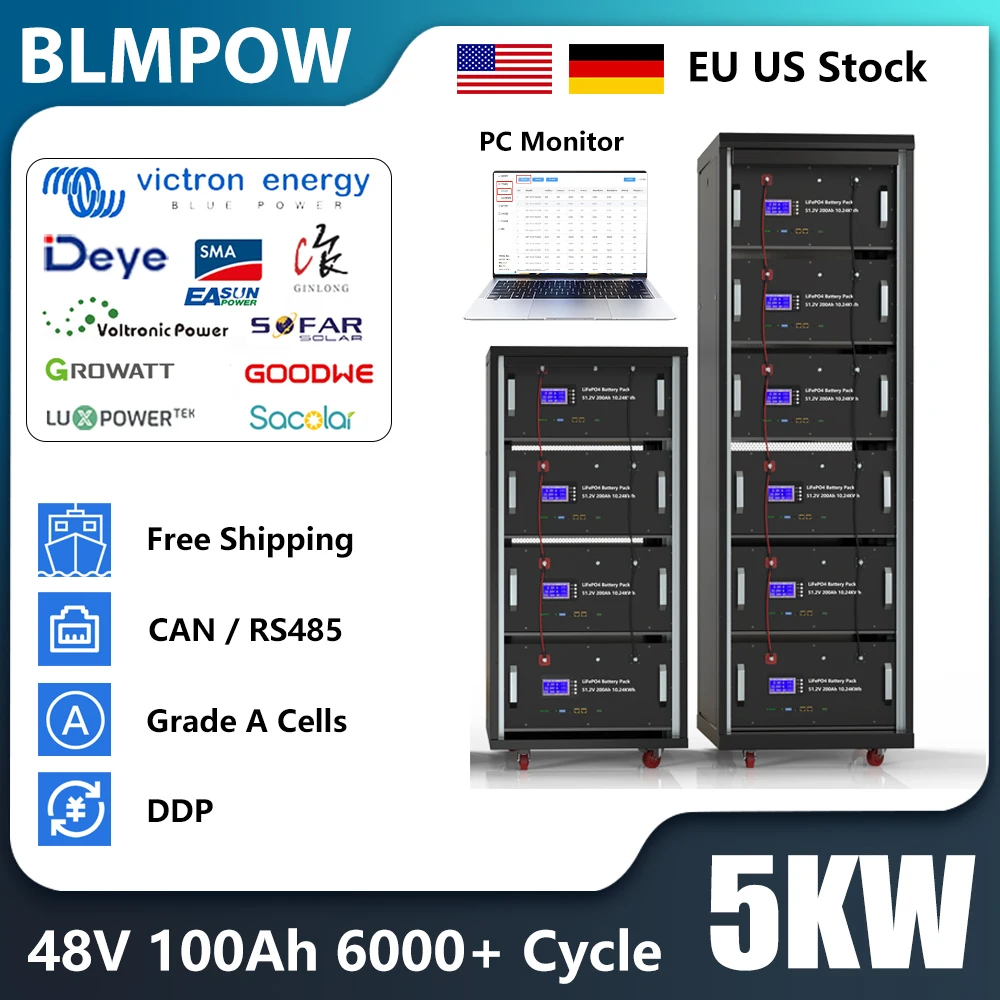 

48V 100Ah 200Ah LiFePO4 Pack Battery CAN/RS485 Super Capacity 32 Parellel 5KW 10KW 6000+ Cycle PC Monitor EU US No TAX In Stock