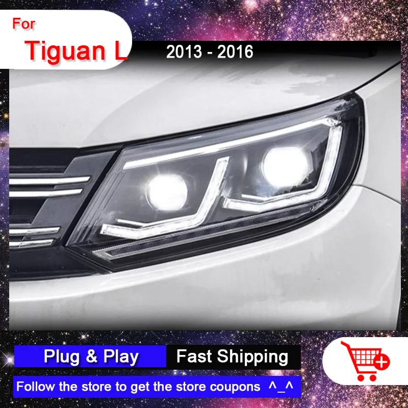 

Передние фары для Volkswagen VW Tiguan L 2013-2016 светодиодные фары DRL, движущийся указатель поворота, передняя фара, светодиодная линза, аксессуары для проектора