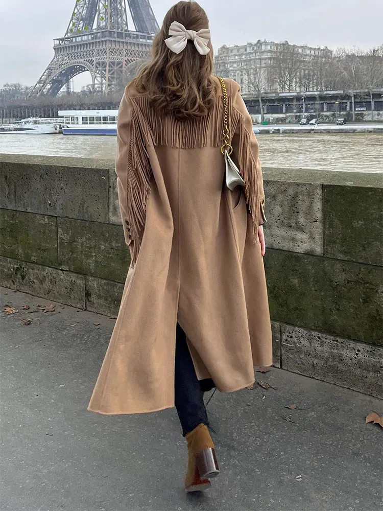 

Tassel Woolen Long windbreak Overcoat Women long Sleeve Split Single Breasted Jacket 2023 Autumn Winter Fashion Lady Coat