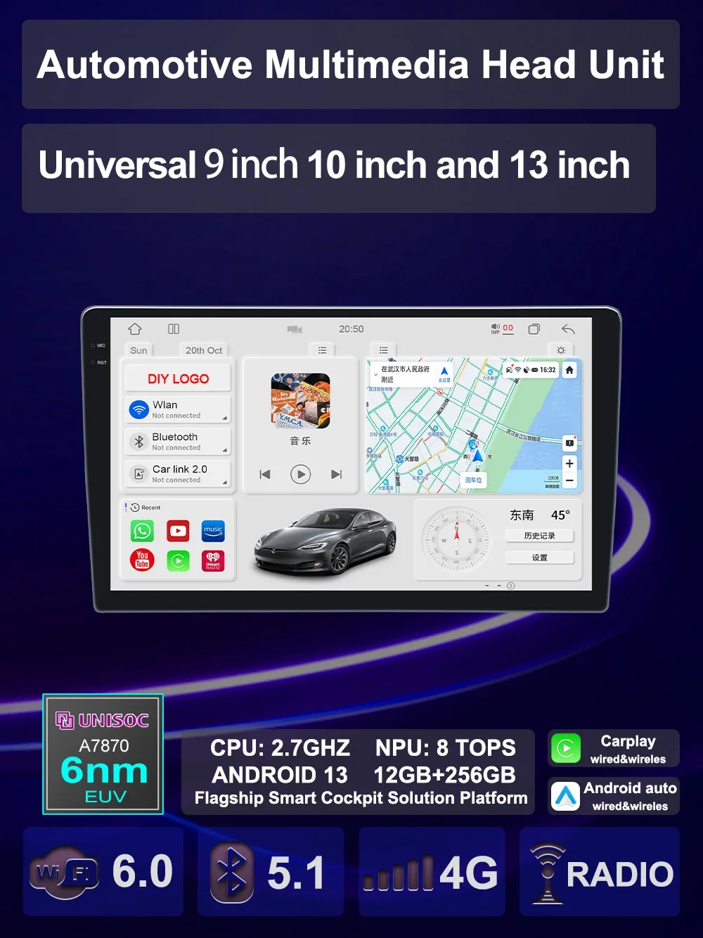 Universal Multimedia Android 13 7870 Radio Palyer Carplay Auto Stereo Radio Adas Npu Head Unit Per Toyota Nissan Kia Vw Bmw Ford