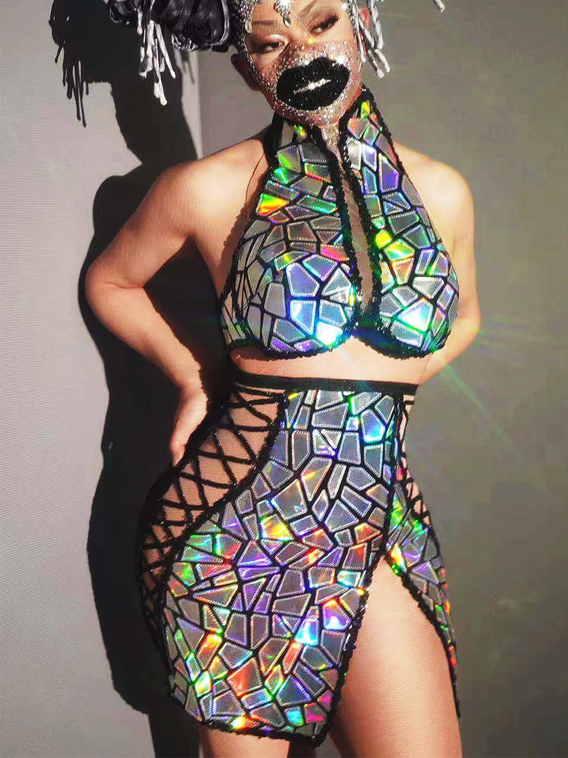 

Shining Mirror Sequins Top And Sexy Belt Skirt Two Pieces For Women Nightclub DJ Clothing Stage Singer Costume Party Wears