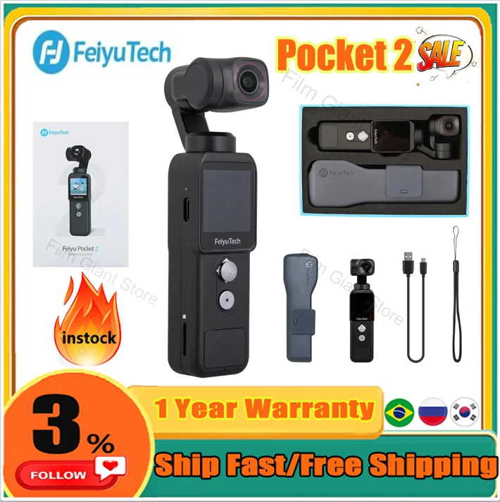 FeiyuTech Pocket 3 kit -Remote Handle&Camera 4K 60FPS Camera with Handheld  3-Axis Stabilizer, Pocket Action Camera, AI Tracking, Detachable Handle