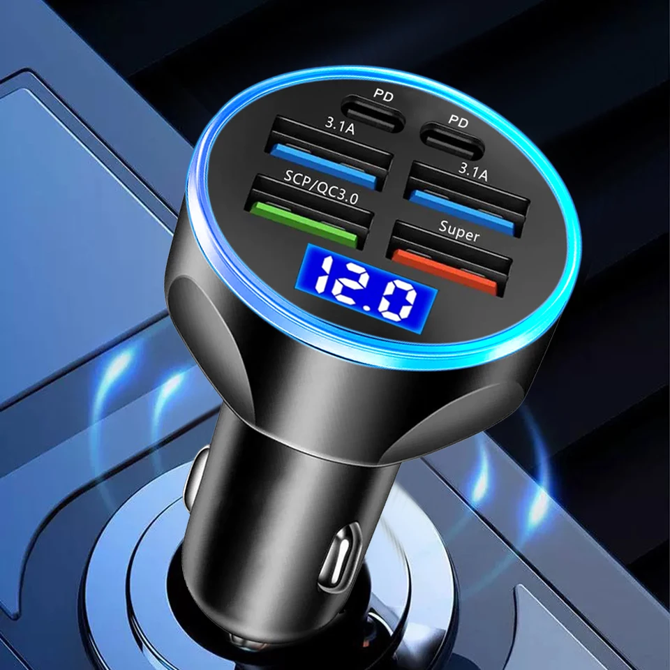 250W PD Car Charger QC3.0 Fast Charge 6-in-1 Car Cigarette Lighter Plug 6 Port Car Charger Flash Charge with Digital Display ﻿