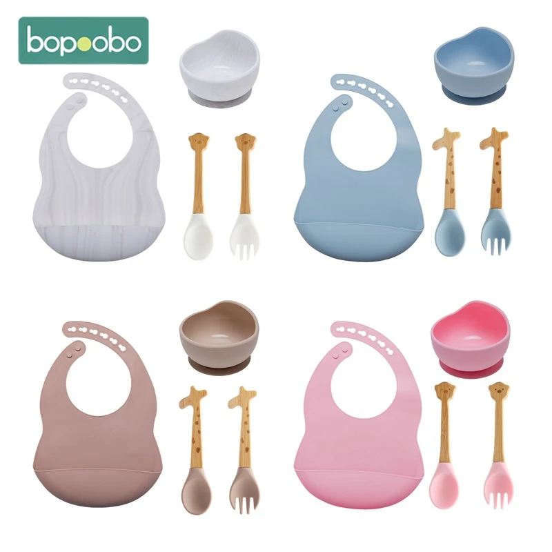 

Baby Silicone Bib Baby Bowls Giraffe Wooden Handle Fork Spoon Set Dishes Food Silicone Feeding Bowl Non-Slip Tableware Kid Stuff