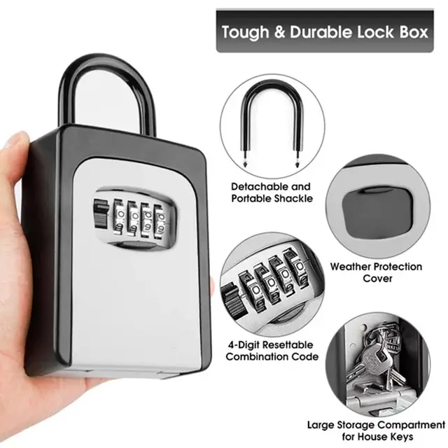 4-digit Key Lock Box Portable Combination Lockbox Wall-Mounted Key Storage Box Resettable Code Safe Security Lock Box for Home 1