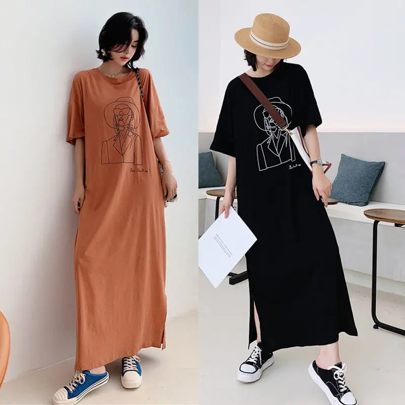 Summer 2022 Korean Women Dress Short Sleeve O-neck Pure Cotton Show Thin T-shirt Dress Large Loose Maternity Draped Long Dresses