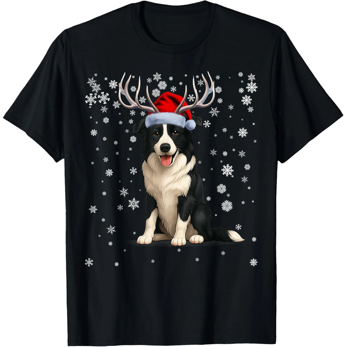 Lustige Weihnachts-T-Shirts für Herren mit Border Collie, Baumbeleuchtung und Weihnachtsmütze, Humorvolle Streetwear, Kurzarm, Lockere Passform