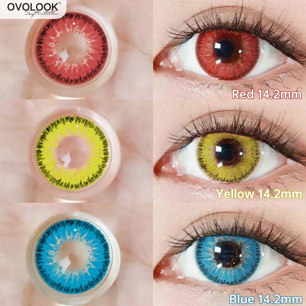 OVOLOOK 2PCS(1 Pair) Myopia With Diopter Colorful Cosplay Contact Lenses For Eyes Yellow Blue Red Green Halloween Lenses Yearly