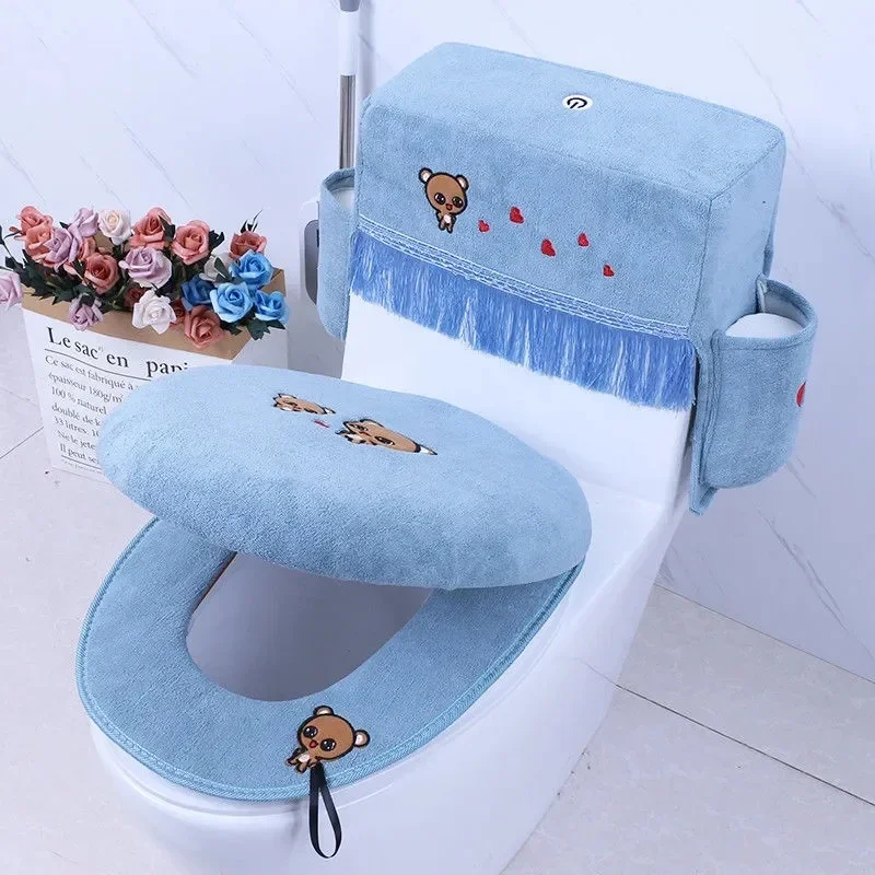 Modern Style Plush Toilet Cushion Set High Quality Cartoon Embroidery Toilet Sseat Pads Tank Dust-proof Protective Cover