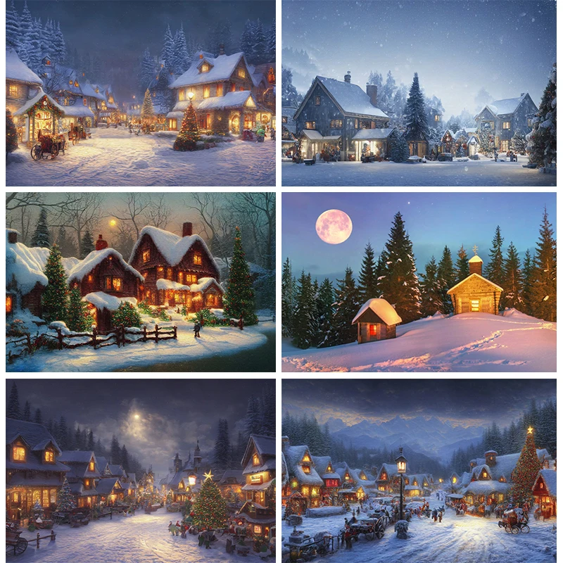 

Christmas Houses Village Backdrop Xmas Night Scene Photography Background Winter Forest Cabin Photo Banner Home Party Decoration