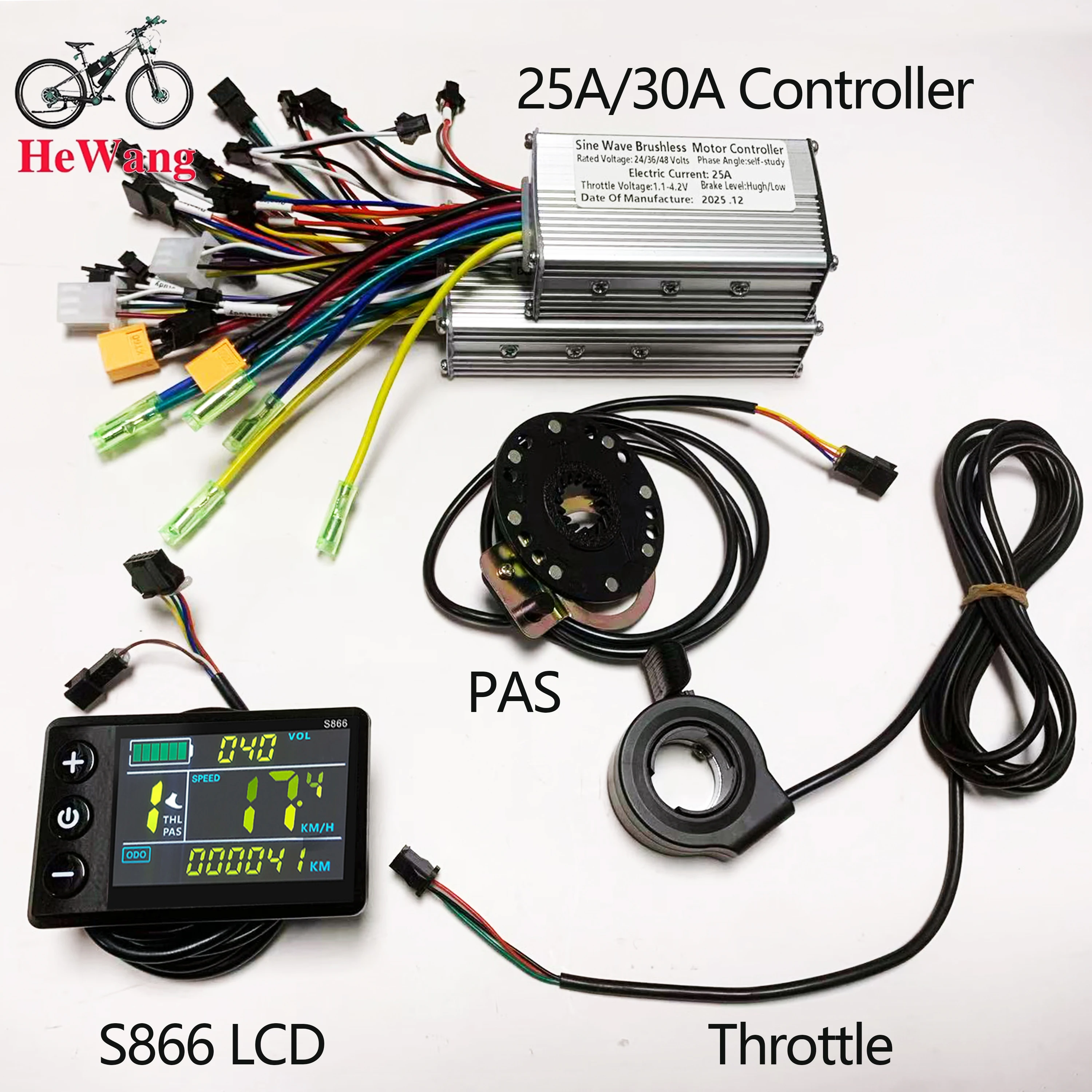36V 48V 60V 500W 25A/30A Sine Wave Brushless Motor Controller S866 Color LCD Display PAS Throttle Kit for E-Scooter Bike Repair
