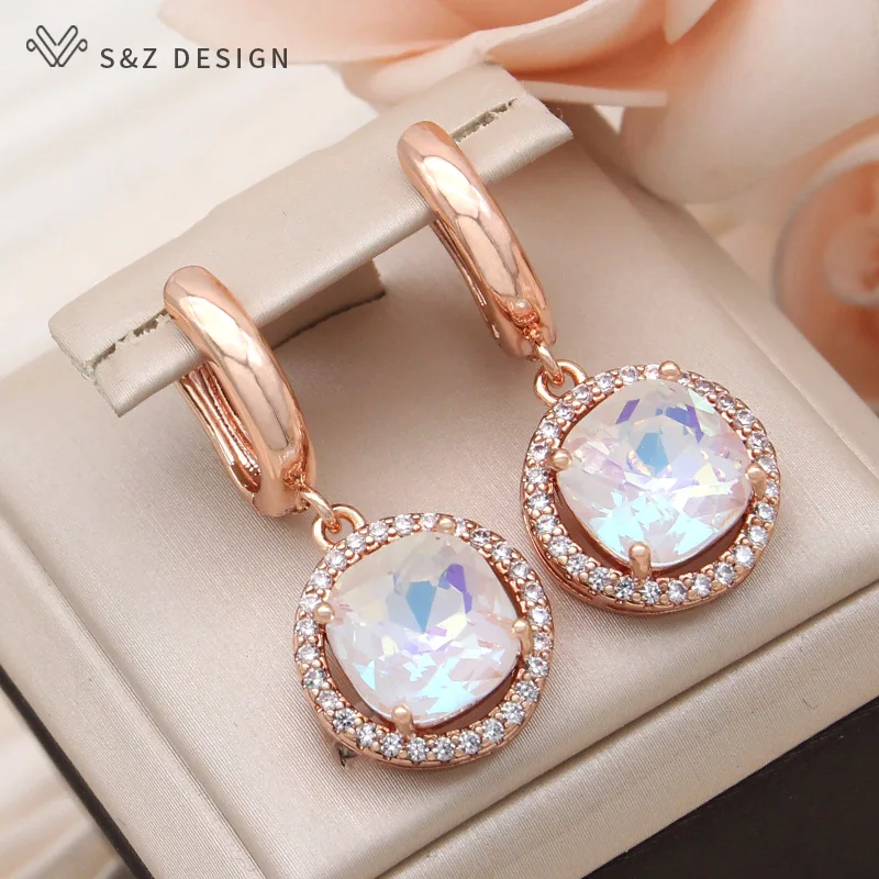 S&Z DESIGN New Fashion Round Cubic Zirconia Square Crystal Dangle Earrings For Women 585 Rose Gold Color Wedding Party Jewelry