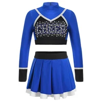 Kids School Girls Cheerleading Gymnastics Performance Costume Cheerleader Uniform Long Sleeve Rhinestone Crop Top with Skirts
