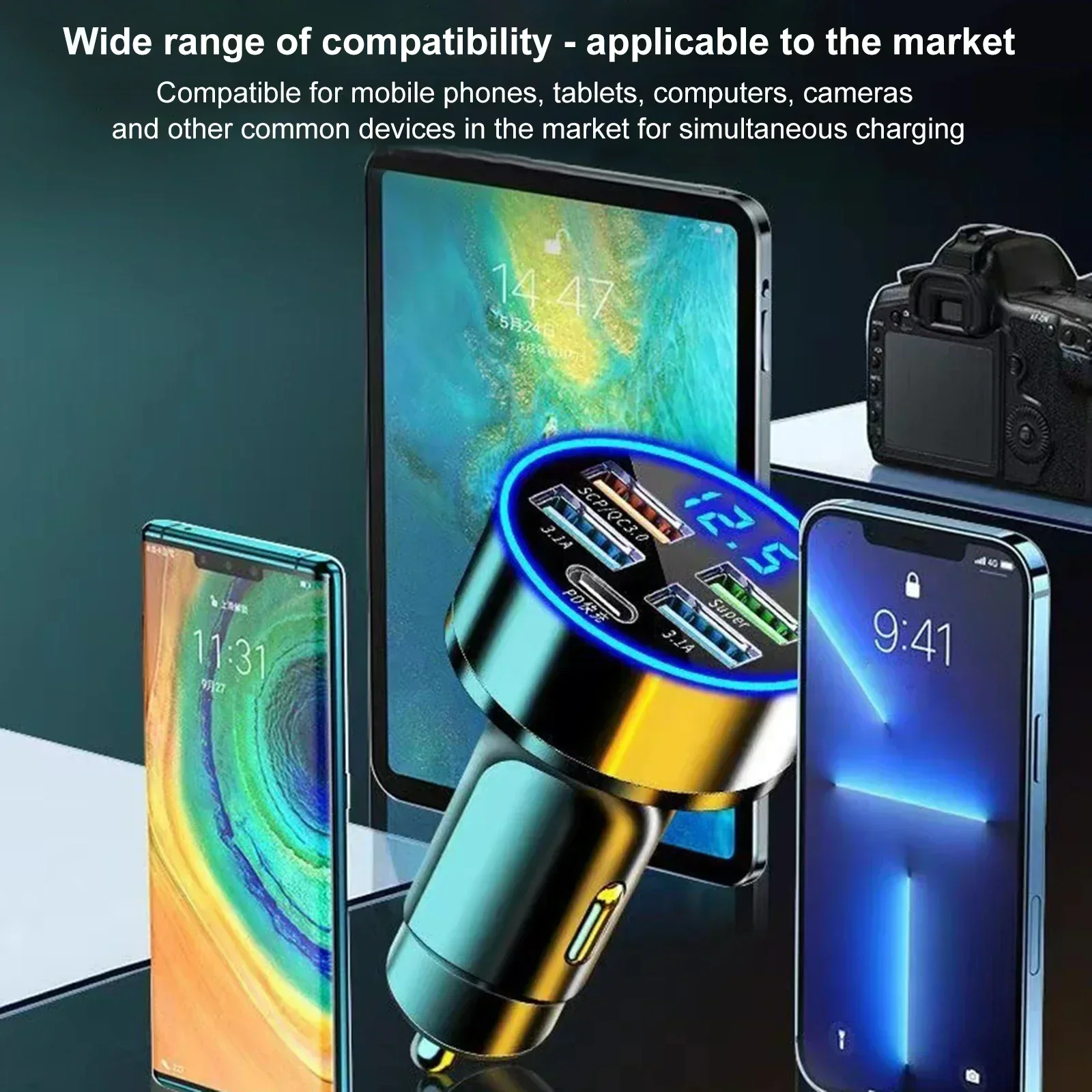 250W Super Fast Charging Car Charger 5-in-1 Adapter Charging Head Converter 4USB+PD Mobile Phone One Tow Three Elect Electronic