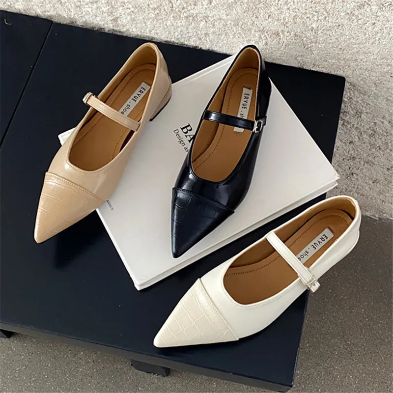 

2023 Casual Woman Flats Slip On Ballet Loafers Pointed Toe Shallow Mouth Footwear Retro Fall Dress Shoes Buckle Strap Flats