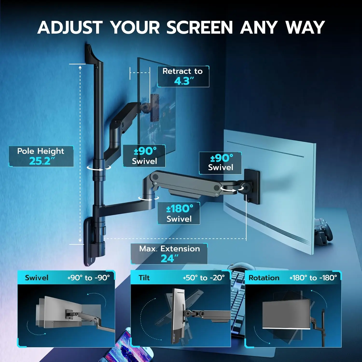 Dual Monitor Wall Mount for 17-49 Inch Ultrawide Screens, Heavy Duty Wall Mount Monitor Arm Holds 44 lbs Each, Fully Adjustable