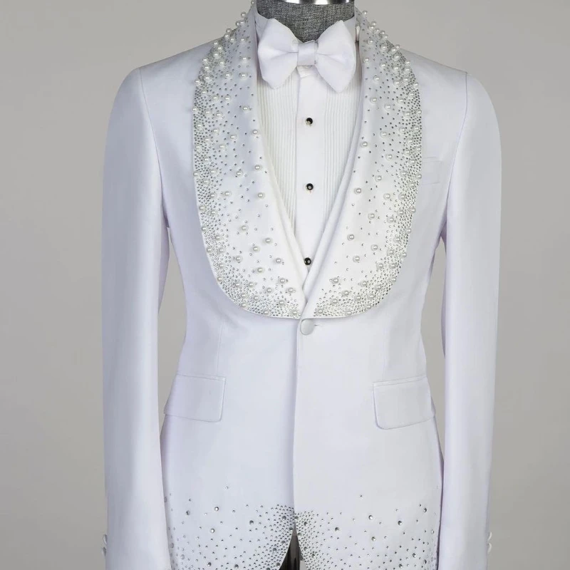 Blazer Vest Men Suits Appliques One Button Wide Lapel Formal Diamonds Beads Party Wedding Host Plus Size Custom Made Tailored