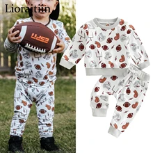 Lioraitiin 0-3Years Toddler Baby Boys Football Clothing Autumn Outfit Sets Long Sleeve O Neck Tops Rugby Print Pant