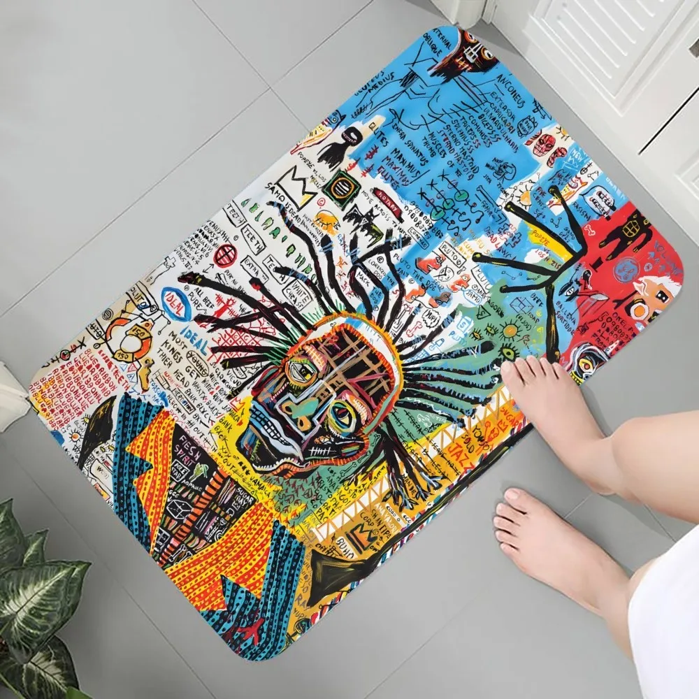 thumbnail image 1 of Felpudo de franela con estampado gráfico abstracto de B-Basquiats-Art para baño, cocina, entrada, decoración del hogar, 1 of 5