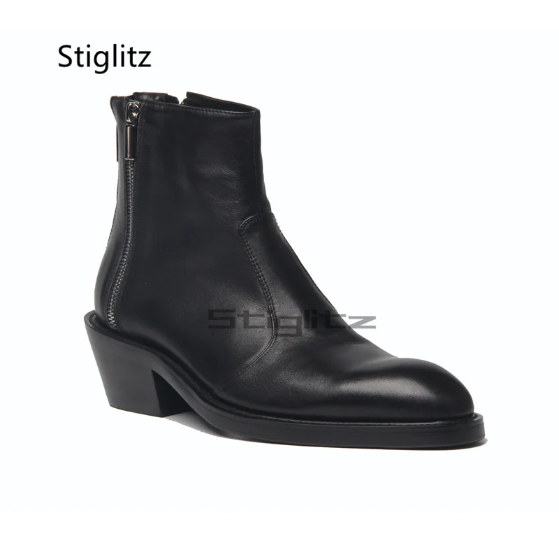 

Small Square Toe High Heeled Men's Boots Black Genuine Leather Ankle Boots Business Dress Wedding Shoes Male Chelsea Boots