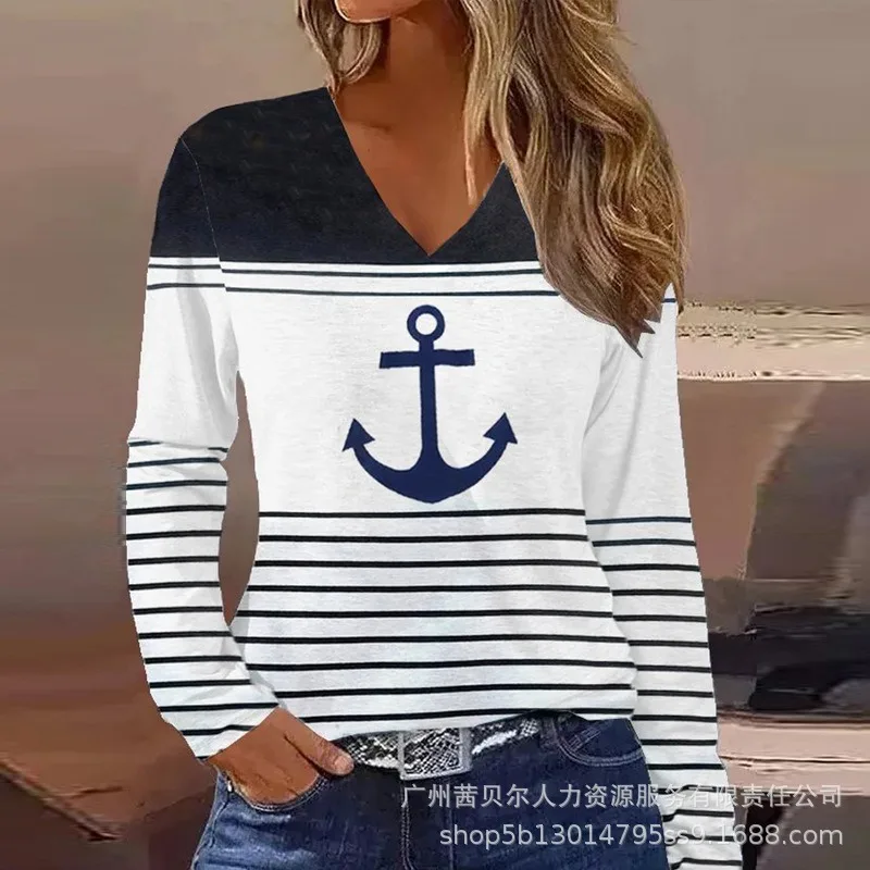 

Autumn Women Casual Fashion Loose Shirt Y2K INS Clothes Streetwear Anchor Print Striped Colorblock V Neck Long Sleeve Top