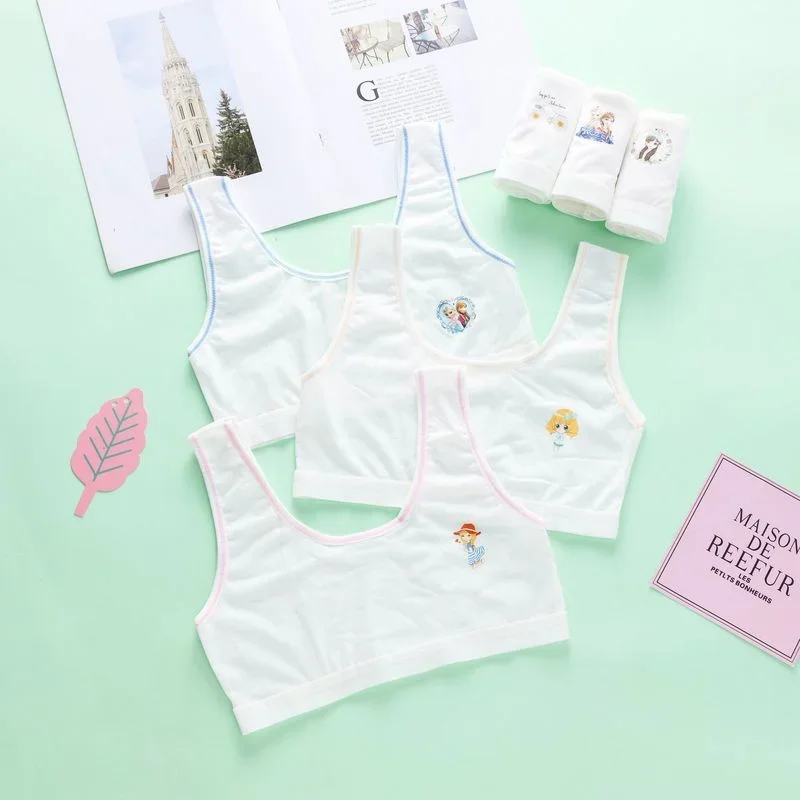 3Pcs Single Layer Cotton Development Period Underwear Cartoon Girls Bra Bottoming Vest Comfortable Girl Training Bra Tops 7-16Y