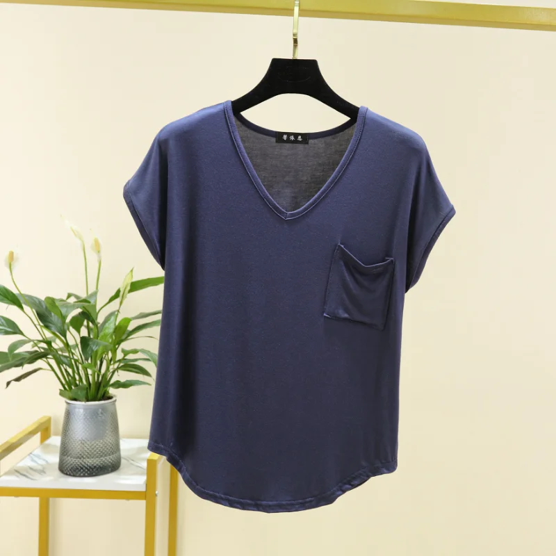 2024 new women's summer one-piece pajamas Modal short-sleeved top with thin solid color loose large V-neck household clothes