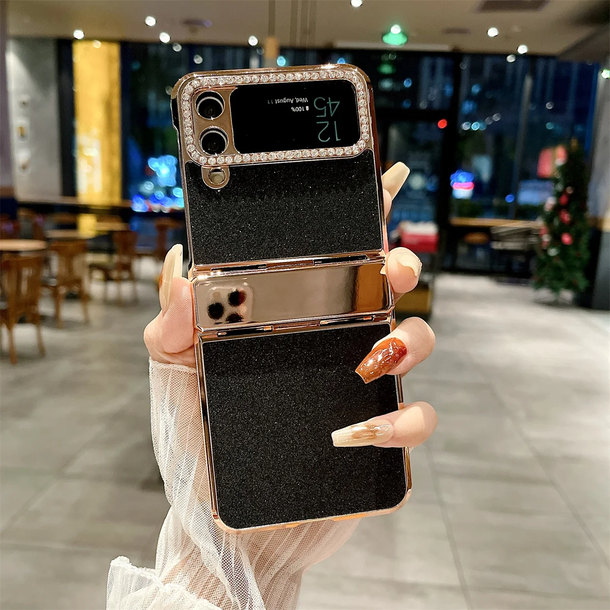 Coque de téléphone Samsung Galaxy Z Flip 5 4 3 5G, garniture en cuir Pu scintillante avec strass, charnière plaquée, couverture arrière en plastique_voghion.com