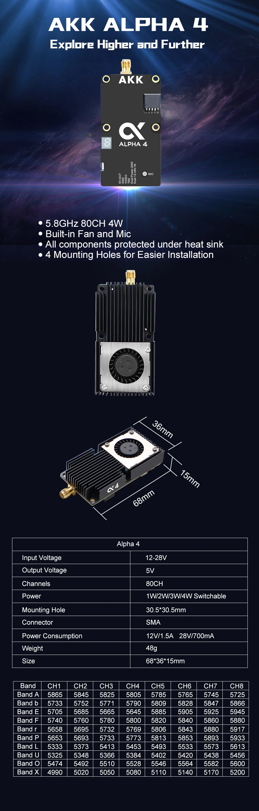 AKK 5.8GHz 4W 80CH VTX 알파 4 송신기