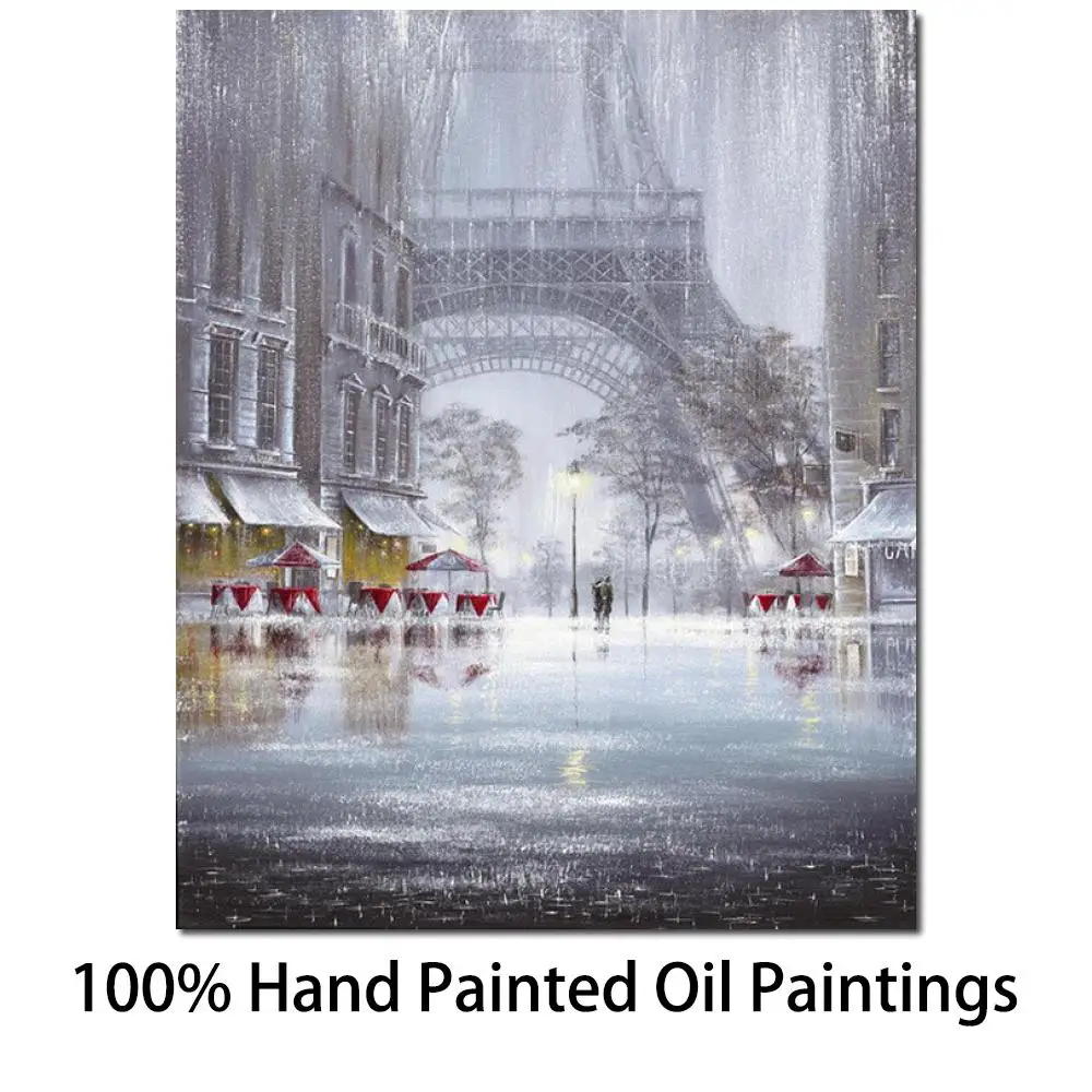 

Canvas Art Oil Painting Street Landscape Handmade Abstract Raining in Paris Black and White Modern Artwork French Wall Decor