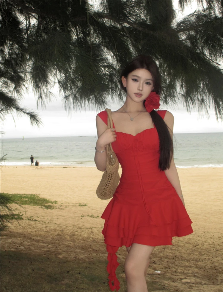 Summer New Holiday Beach Style Short Dresses for Women Spaghetti Strap Ruffles A-line Birthday Party Dress Korean Chic Vestidos