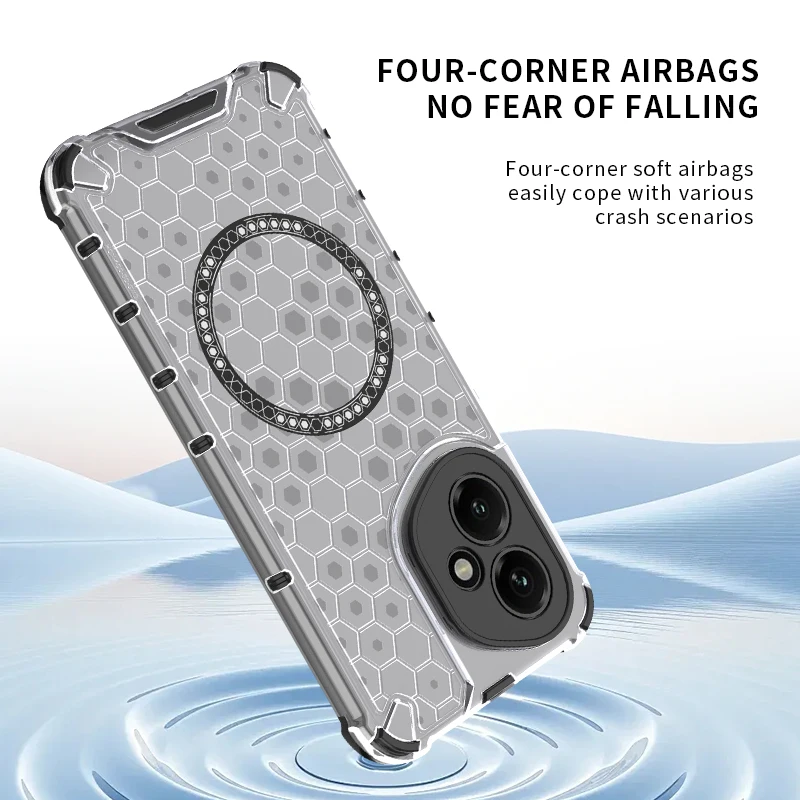 Shockproof Transparent Honeycomb Phone Case with Magnetic Ring and Full Back Cover
