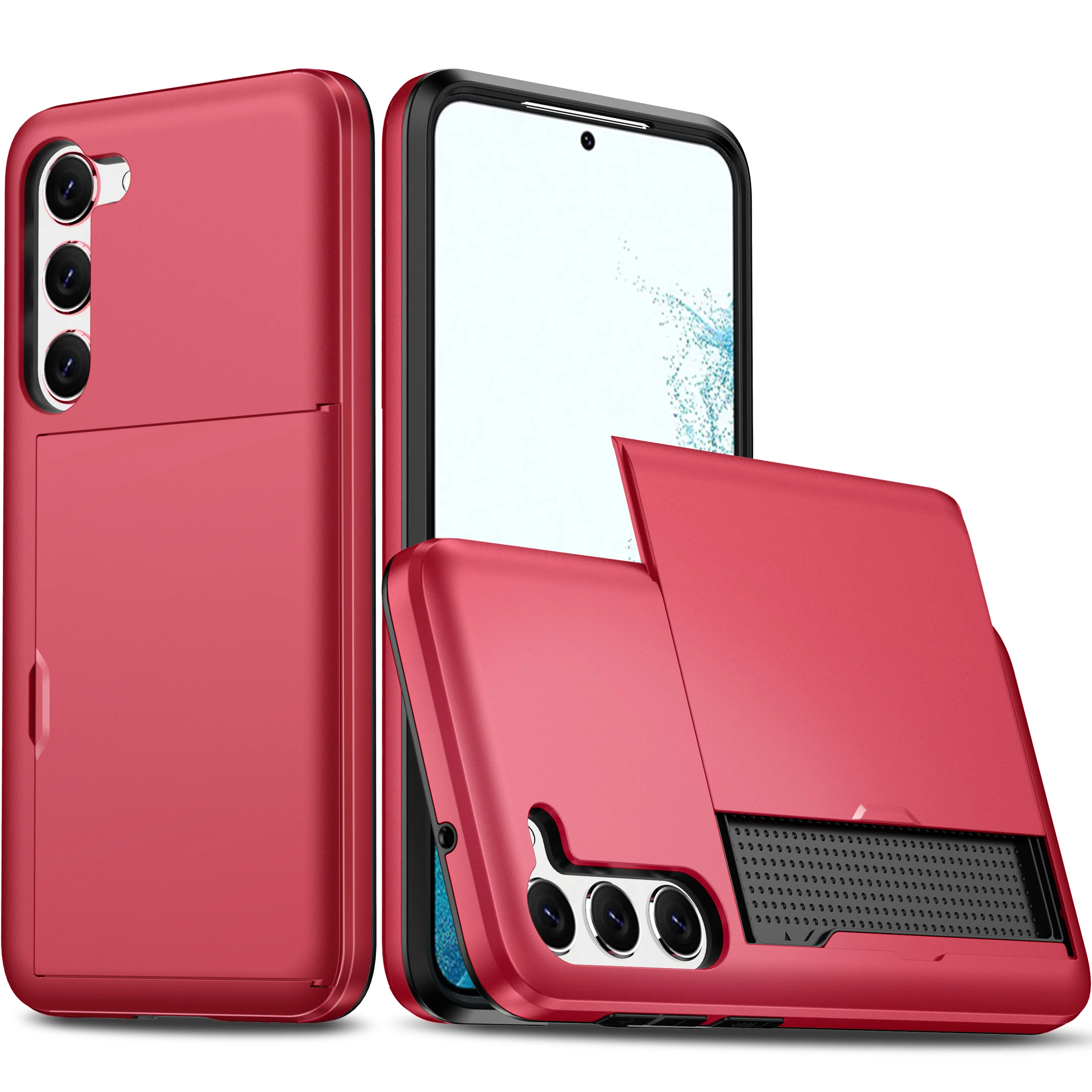 Solid Color Card Holder Slide Slot Hard PC Heavy Duty Protective Phone Case