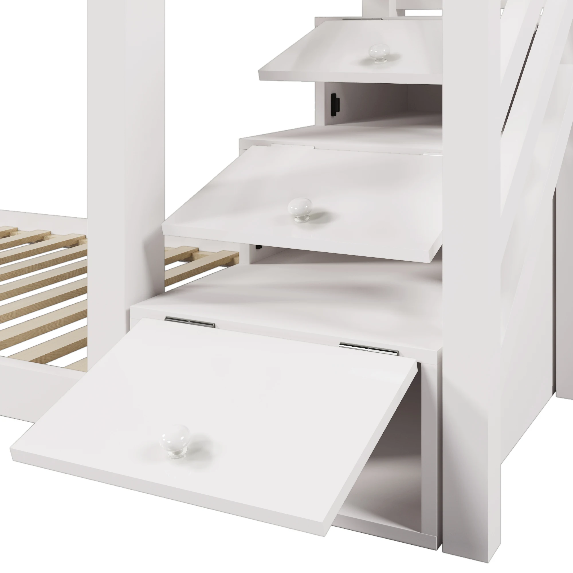 Kinderbett, Etagenbett Baumhaus mit Schubladen und Absturzsicherung 90 x 200 cm, Hochbett für Kinder – 2x Lattenrost – weiß – Detail 17