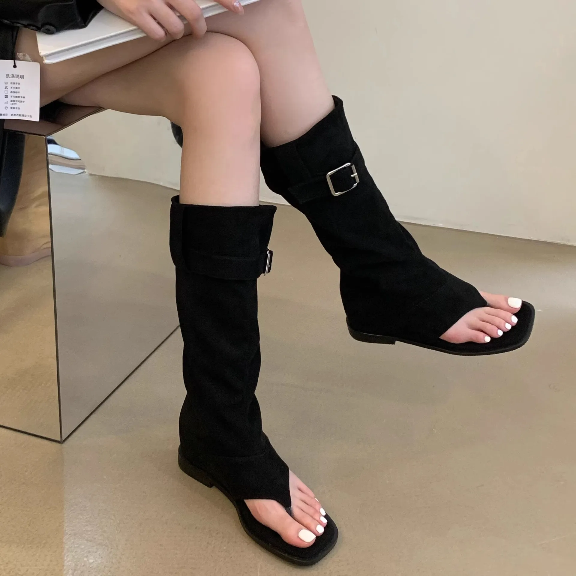 Women Buckle Strap Square Toe Flip Flop Thigh High Women Western Cowboy Boots Sandals