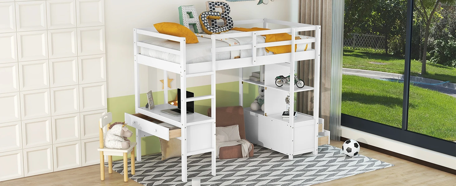 Twin Size Loft Bed with Built-in Desk with Two Drawers, and Storage Shelves and Drawers,White 5