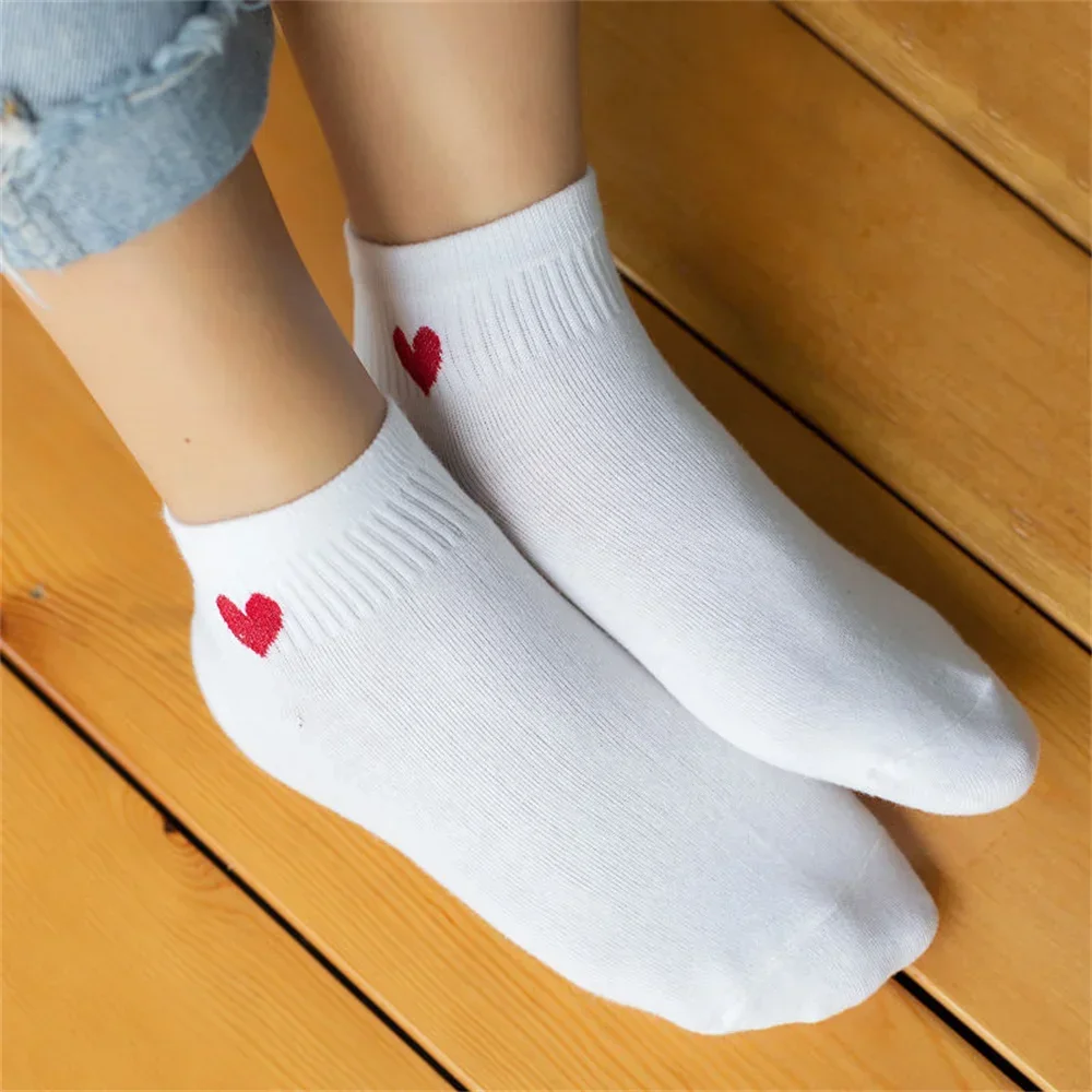 여성용 로우 튜브 코튼 보트 양말, 귀여운 러브 하트, 대학생 양말, 하이 퀄리티 블랙 화이트 발목 양말, 5/10 켤레, 새로운 패션