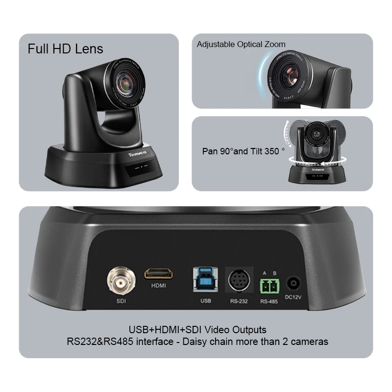 TEVO-NV20A 20배 광학 줌 1/2.9 CMOS 센서 회의용 PTZ 카메라 F=5.35-107.0mm 렌즈 1080P USB//SDI 출력 지원