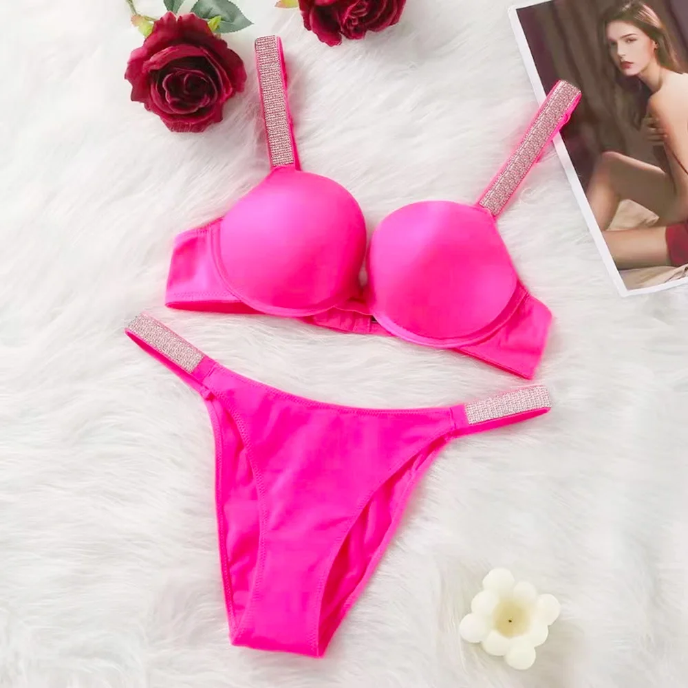 Glossy Women Underwear Rhinestone Letter Comfort Push Up Bra Panty 2 Piece Brief Suit Plus Size Pink Sexy Seamless_voghion.com