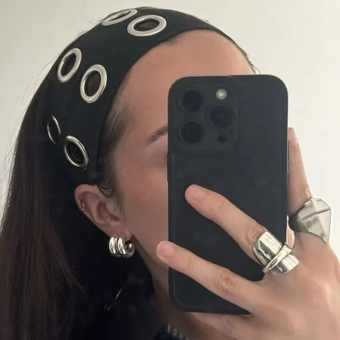 Diadema ancha metálica estilo punk con ojales huecos para mujer, diademas de rock para festivales de música, diademas deportivas casuales personalizadas