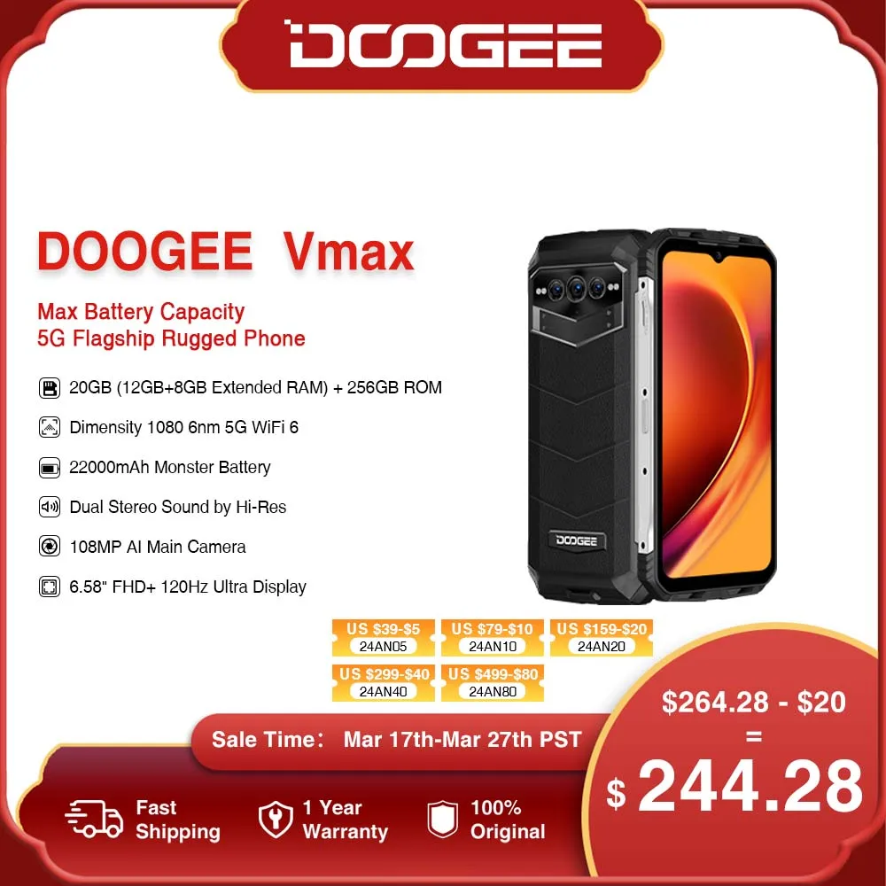 DOOGEE V Max 5G Rugged Phone 6.58 120Hz Dimensity 1080 Hi-Res 108MP AI Main Camera Octa Core 12GB RAM+256GB ROM 22000mAh Phone