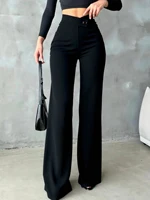 Women's Solid Black Casual Elegant Straight-Leg Pants Back to School Asymmetrical V-Shaped Waistline Accentuates Curves - Image 5