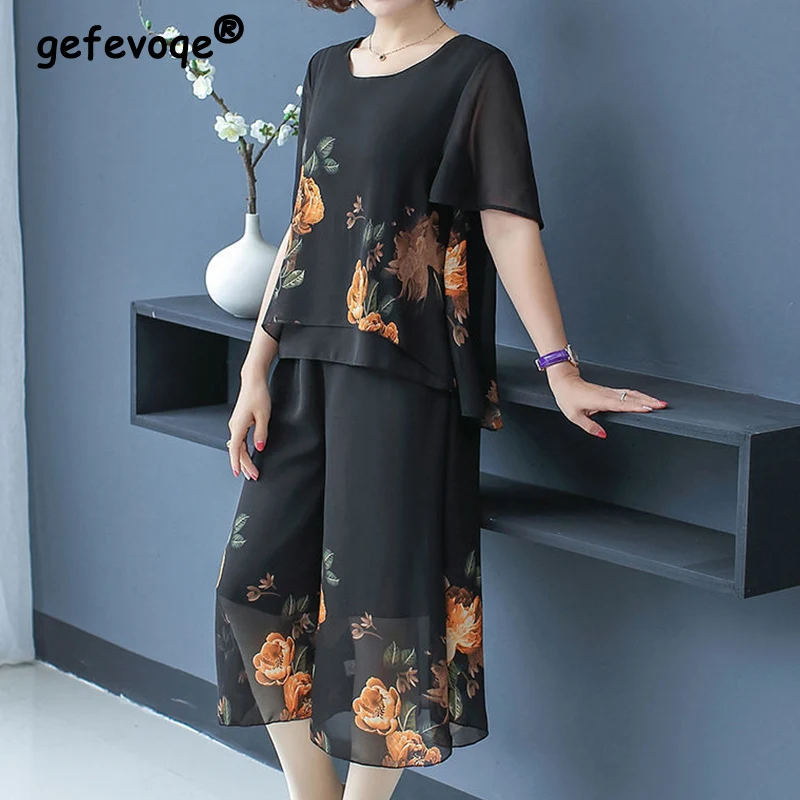 Elegant Fashion Floral Printing Lace Short Sets Summer 2023 O-Neck Short Sleeve Blouse Calf-Length Pants Loose Women's Clothing