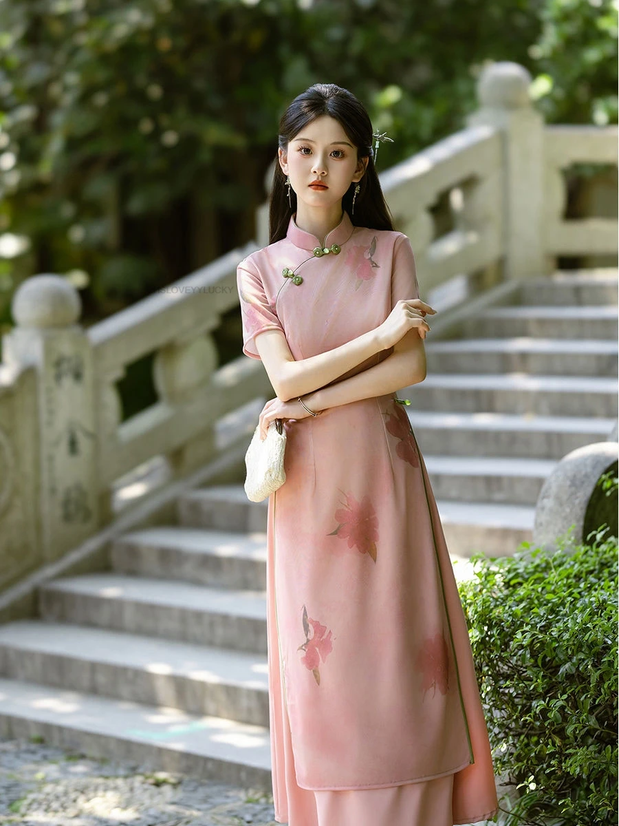 Retro Chinese Style women's Cheongsam Dress Improved Aodai Elegant Long  Sleeve Pink Aodai Dress Short Sleeve Vietnam Ao Dai - AliExpress 200000532